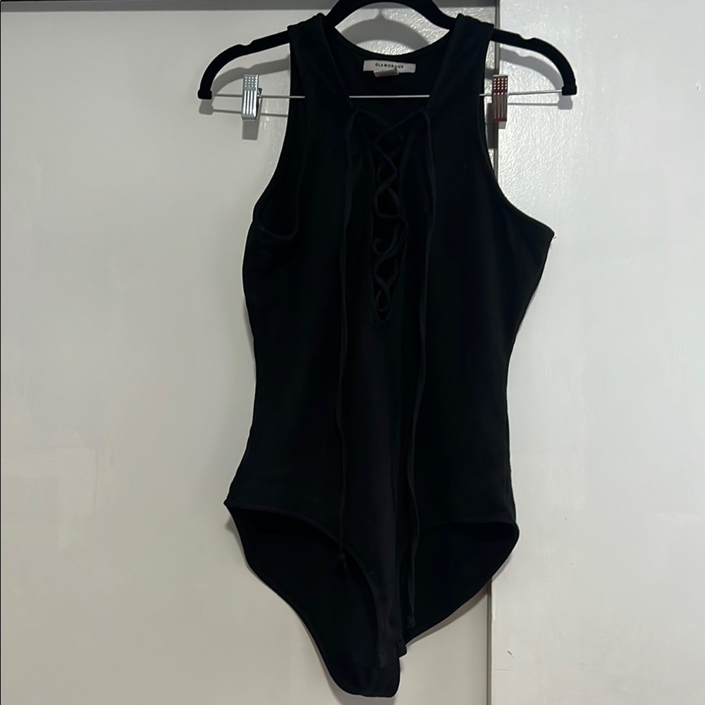 Glamorous Black 1 Piece Suede Bodysuit - High Neckline and High Cut Leg Opening